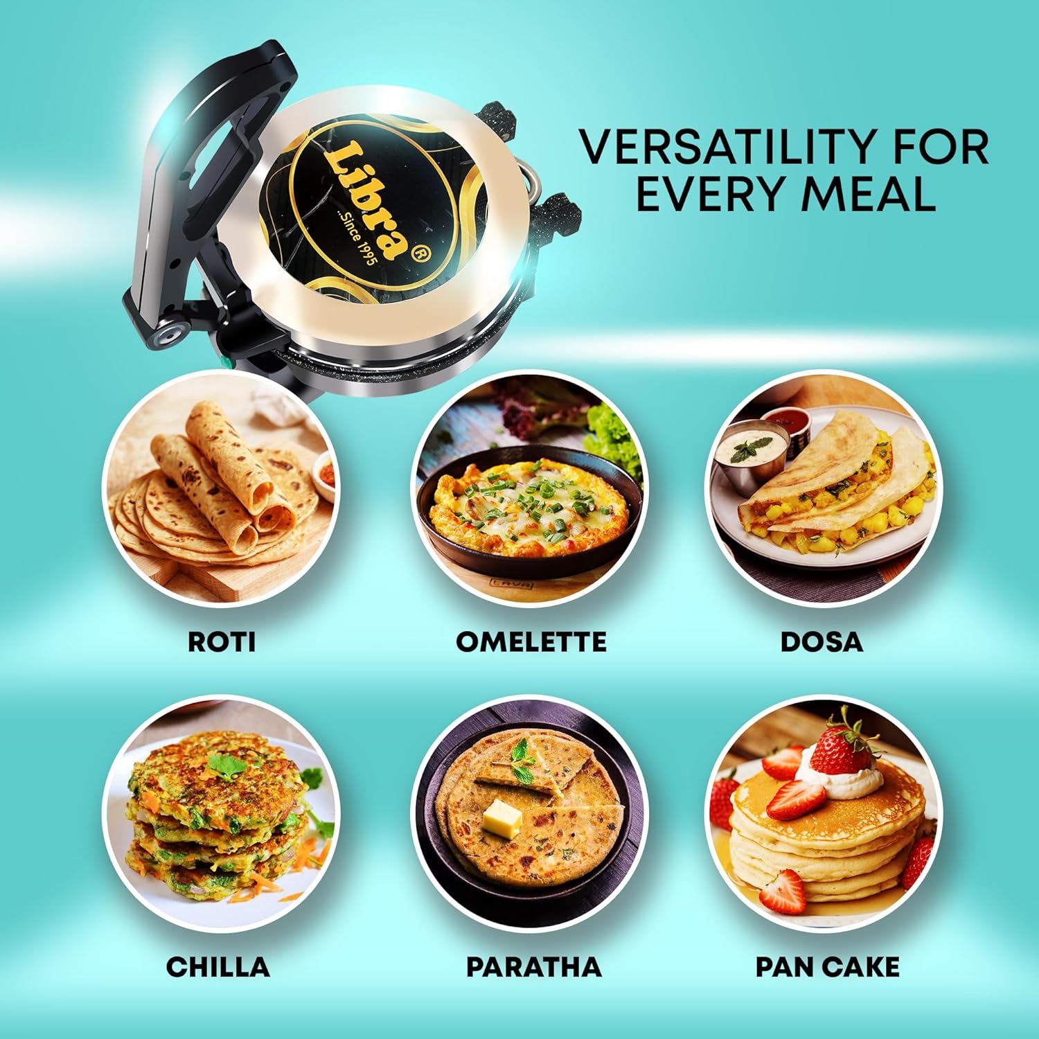 Libra Roti Maker Machine - Electric Roti Maker with Non-Stick 8.5inch Plates and Durable Handle, Auto Temperature Control Chapati Maker Machine with Indicator Lights, 950 Watts, Silver