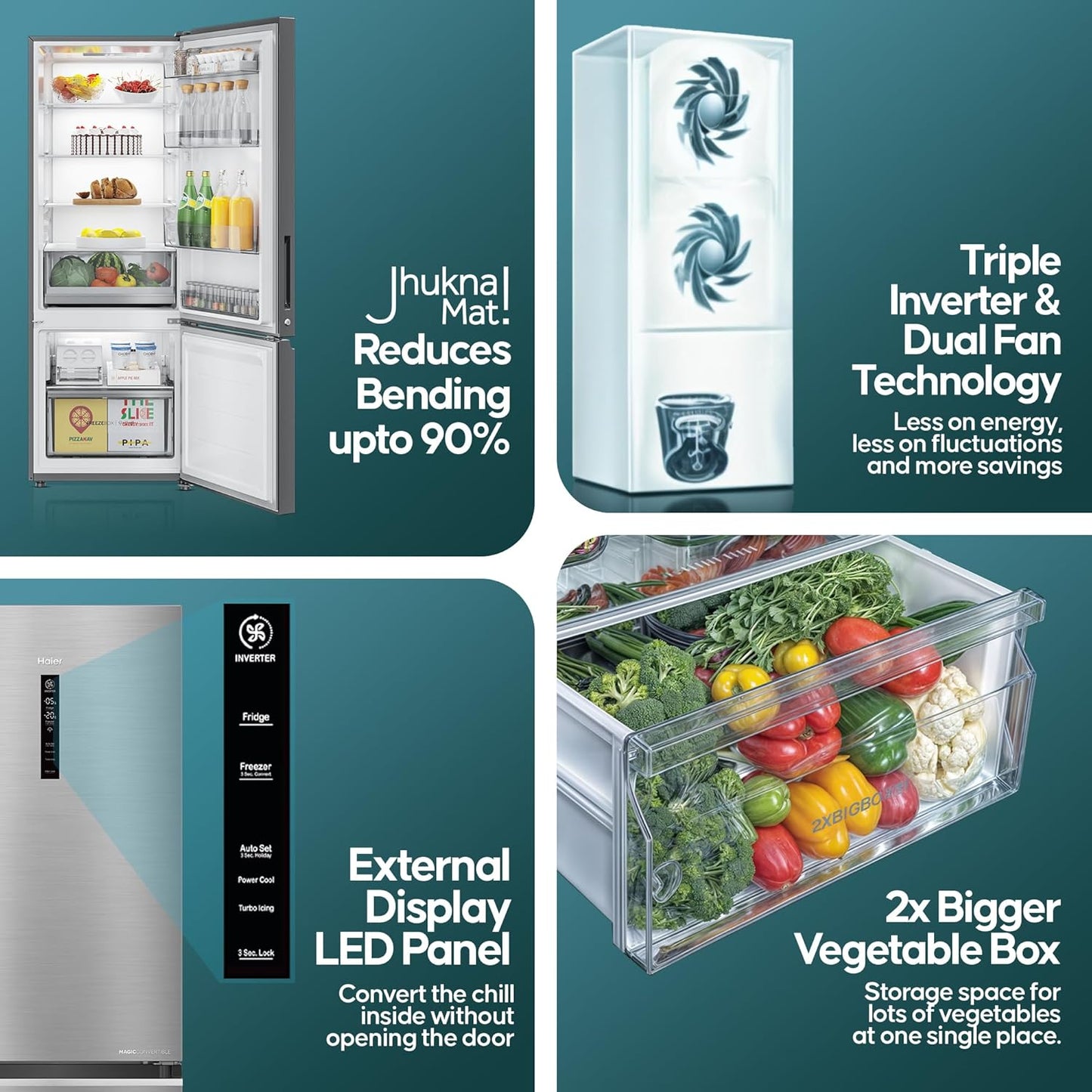Haier 325 L 3 Star Frost Free Bottom Mount Double Door Refrigerator|Convertible 14-in-1|Jhukna Mat-Bottom Freezer|Digital Display Panel|Triple Inverter|Twist Ice Maker (HEB-333DS-P, Dazzle Steel)