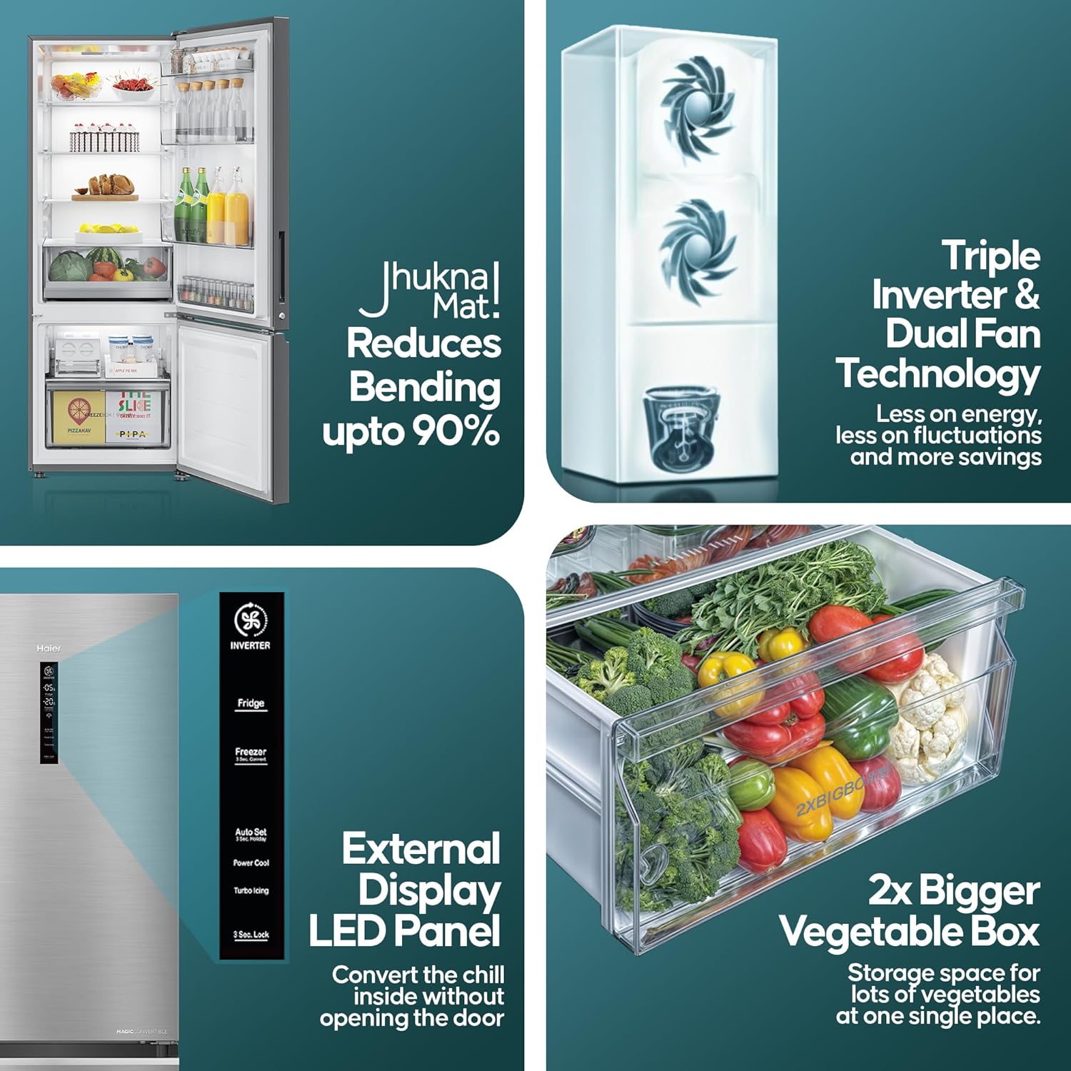 Haier 325 L 3 Star Frost Free Bottom Mount Double Door Refrigerator|Convertible 14-in-1|Jhukna Mat-Bottom Freezer|Digital Display Panel|Triple Inverter|Twist Ice Maker (HEB-333DS-P, Dazzle Steel)