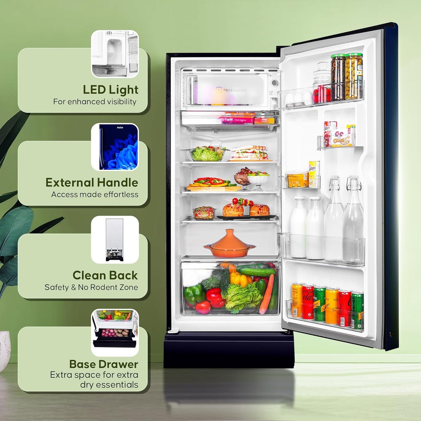 Haier 190 L, 5 Star, Direct-Cool Single Door Refrigerator (HED-205MDB-P, Marine Dahelia, Base Stand Drawer)