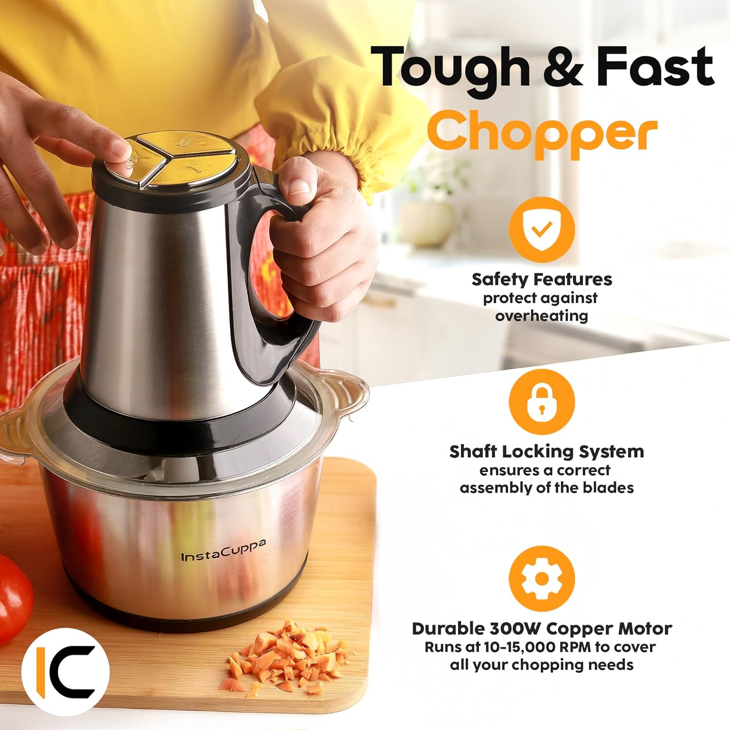 InstaCuppa Electric Chopper for Kitchen Use with 3 Attachments, 2 Litre Stainless Steel Meat Mincer, 300W Vegetable Cutter Machine with Garlic Peeler and Egg Whisker, Carrot Grater for Busy Moms