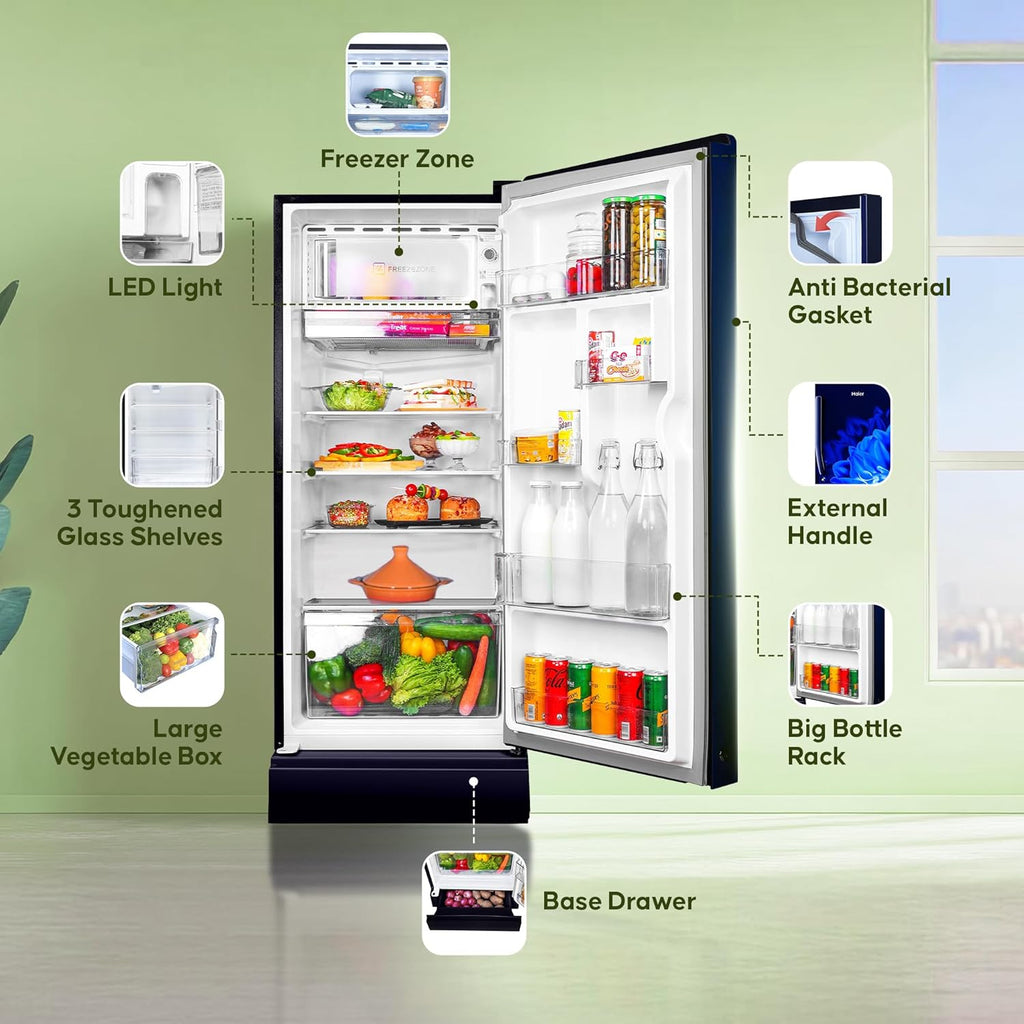 Haier 190 L, 5 Star, Direct-Cool Single Door Refrigerator (HED-205MDB-P, Marine Dahelia, Base Stand Drawer)