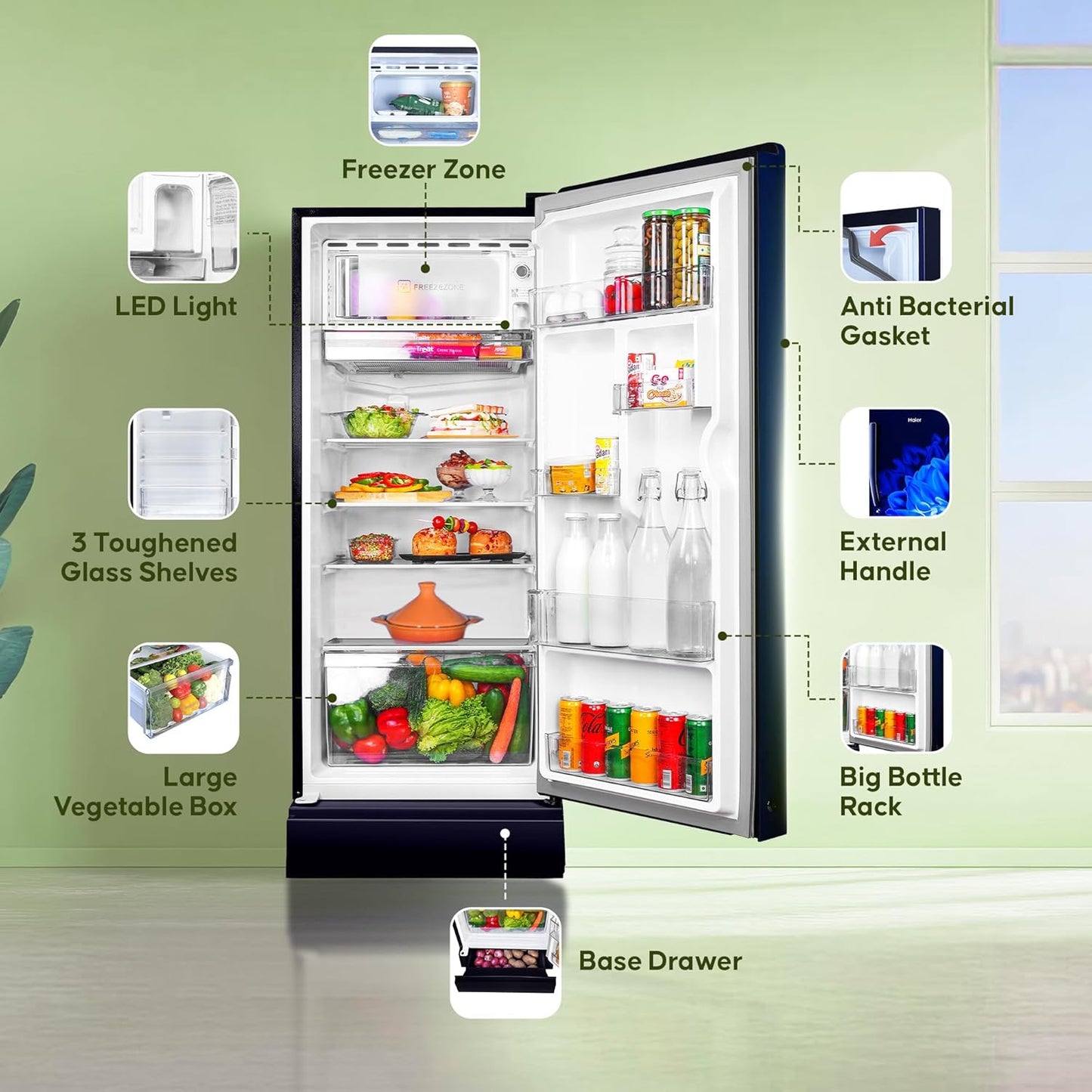 Haier 190 L, 5 Star, Direct-Cool Single Door Refrigerator (HED-205MDB-P, Marine Dahelia, Base Stand Drawer)