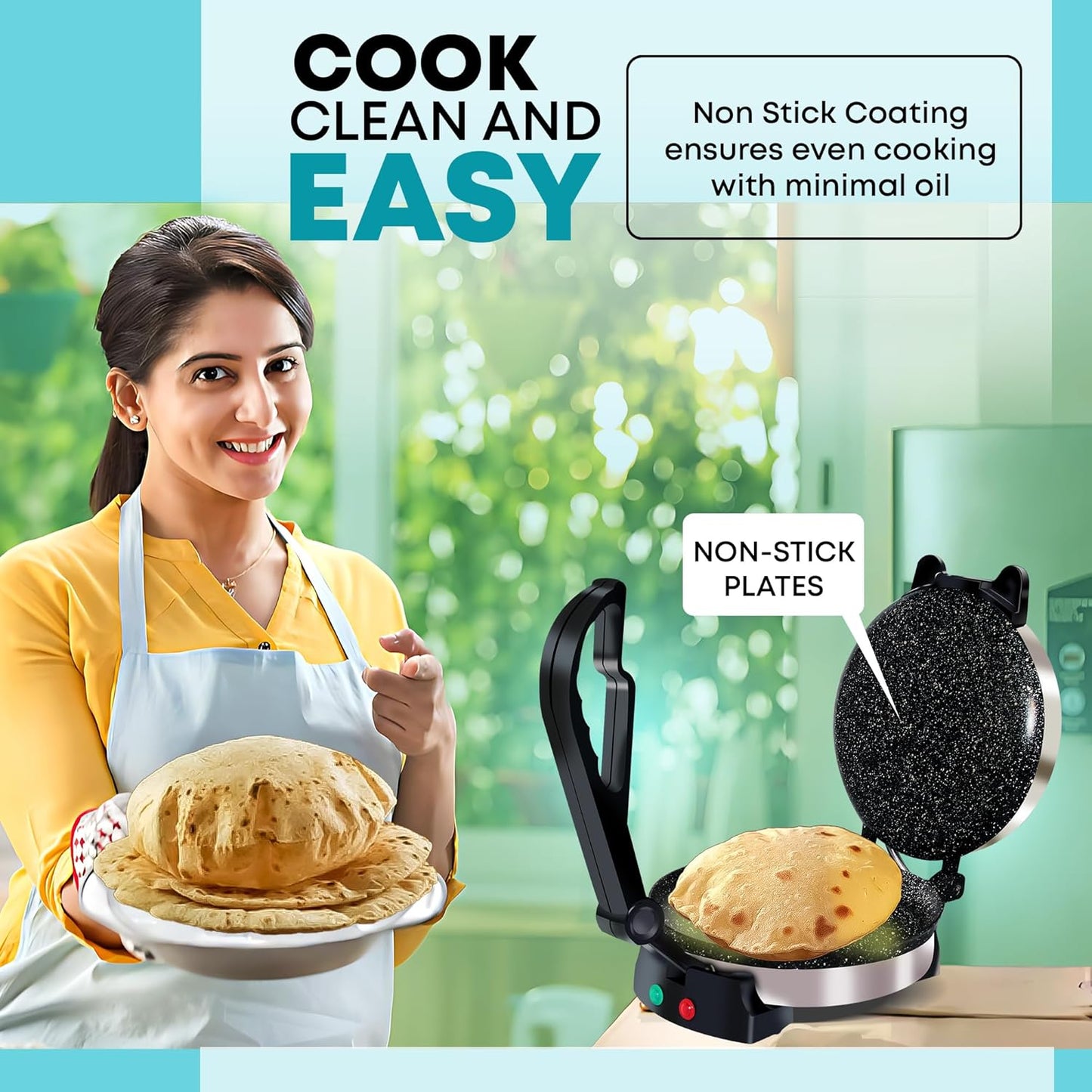 Libra Roti Maker Machine - Electric Roti Maker with Non-Stick 8.5inch Plates and Durable Handle, Auto Temperature Control Chapati Maker Machine with Indicator Lights, 950 Watts, Silver