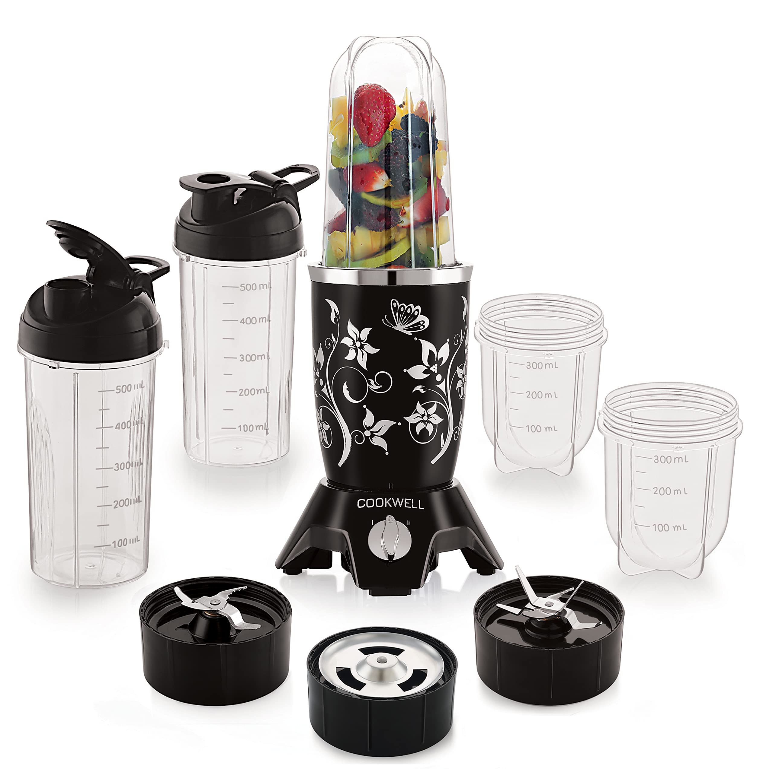 Cookwell Bullet Mixer Grinder (5 Jars, 3 Blades, Silver) - Copper, 600 Watts - 2 Year Warranty