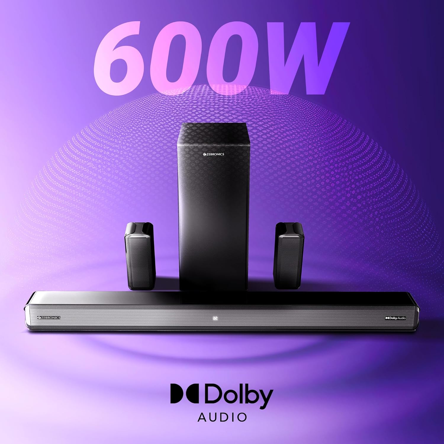 ZEBRONICS Juke BAR 9510WS PRO Dolby 5.1 Soundbar, Dolby Audio, 600 Watts, Wireless (Dual Rear Satellites & 6.5" Subwoofer), Triple Driver Soundbar, Bluetooth v5.1 | HDMI (ARC) | Optical | USB | AUX