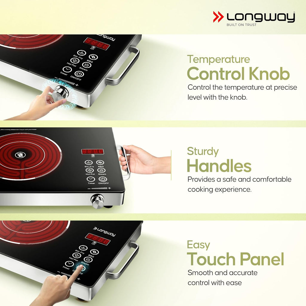 Longway Infralite Pro ICT 2200 W Infrared Induction Cooktop with Free Stainless Steel Grill | Auto Shut Off & Overheat Protection (Black, Touch Control)