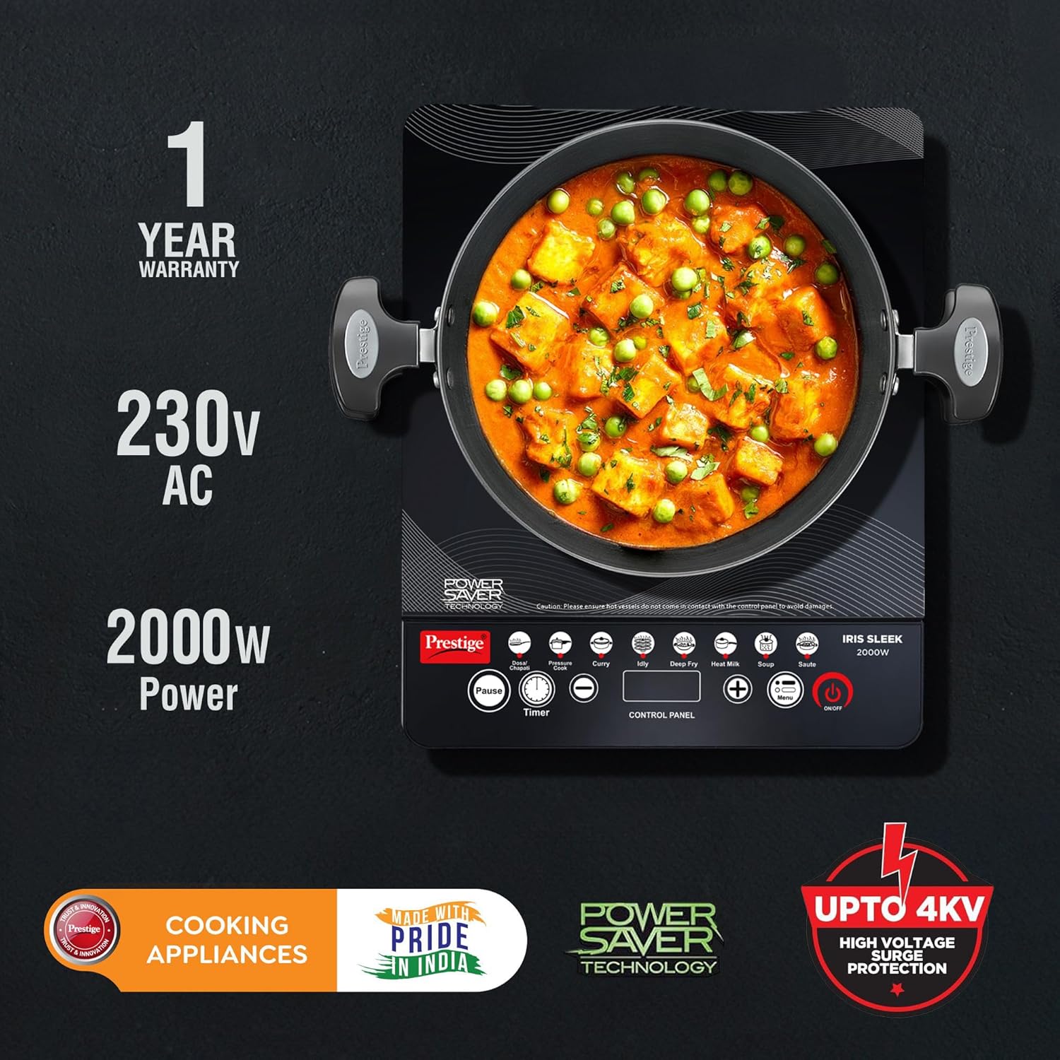 Prestige 2000 Watts IRIS Sleek Induction Cooktop| High Voltage Surge Protection| Indian Menu Options| Automatic Voltage Regulator| Feather Touch Button| Black