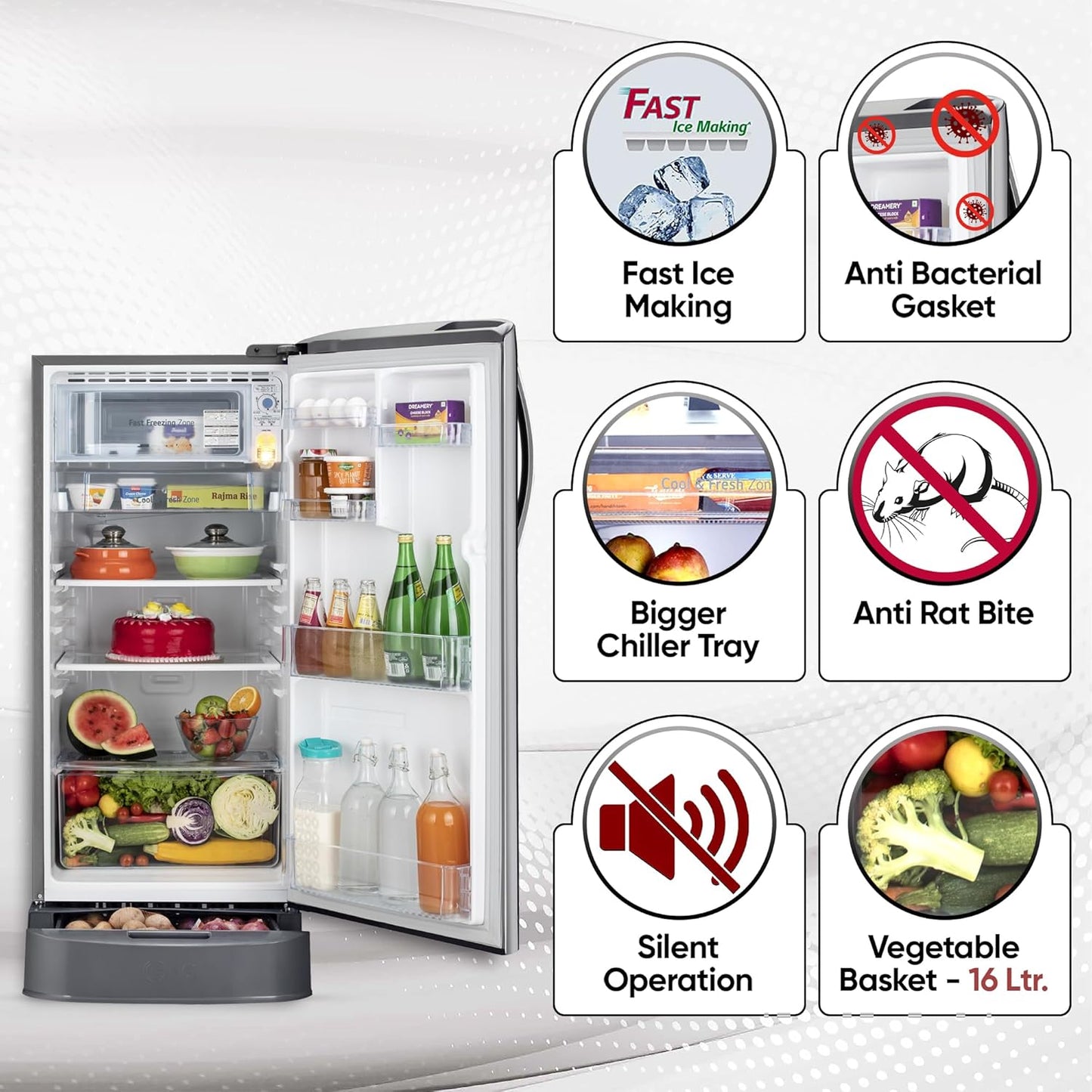 LG 185 L, 5 Star, Smart Inverter Compressor, Direct-Cool Single Door Refrigerator (GL-D201APZU.BPZZEBN, Shiny Steel, Base stand with drawer & Fast Ice Making)