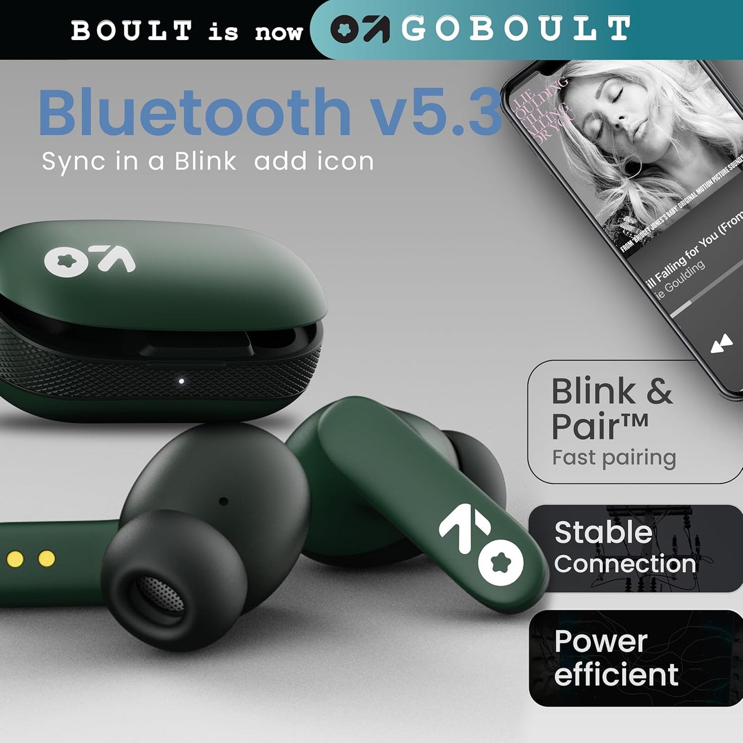 Boult GOBOULT Z20 Truly Wireless Bluetooth Ear Buds with 51H Playtime,Zen Calling ENC Mic,Made in India,Low Latency Gaming,Touch Controls,Rich Bass Drivers,TWS Earbuds Bluetooth Wireless(Pine Green)
