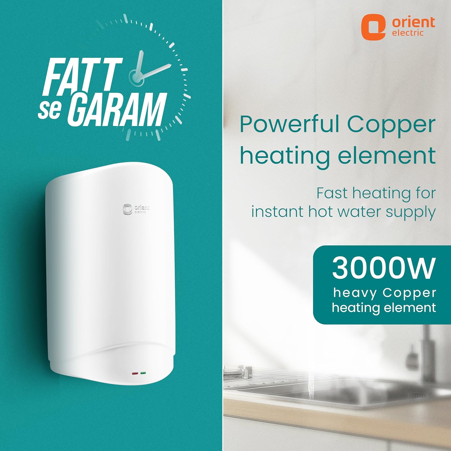 Orient Electric Aura Instant Pro | 3 Litre Instant Water Heater| Stainless Steel Tank | Shockproof | 6.5 bar pressure compatibility | Suitable for low & mid rise buildings | 5 years tank warranty
