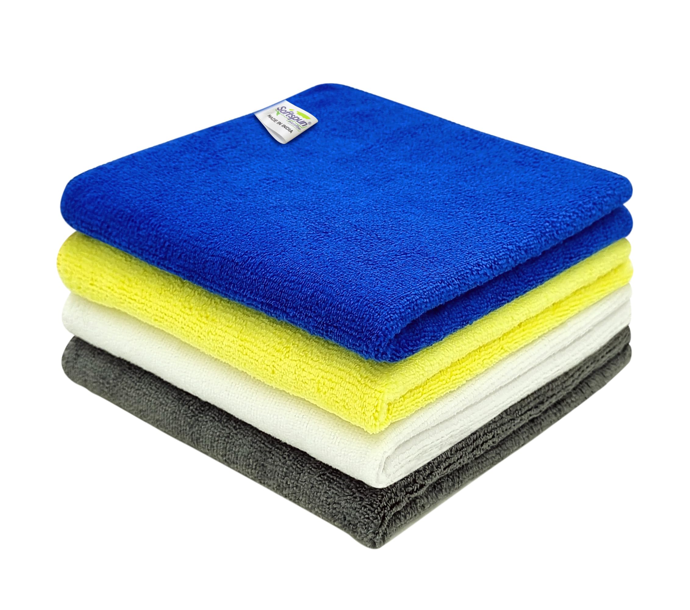 SOFTSPUN Microfiber Cloth - 4 pcs - 40x40 cms - 340 GSM Grey! Thick Lint & Streak-Free Multipurpose Cloths - Automotive Microfibre Towels for Car Bike Cleaning Polishing Washing & Detailing.
