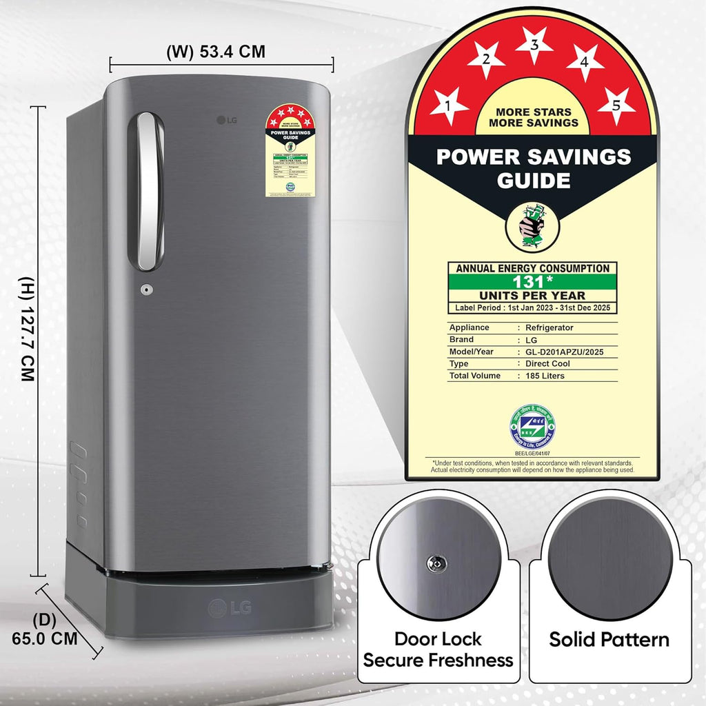 LG 185 L, 5 Star, Smart Inverter Compressor, Direct-Cool Single Door Refrigerator (GL-D201APZU.BPZZEBN, Shiny Steel, Base stand with drawer & Fast Ice Making)