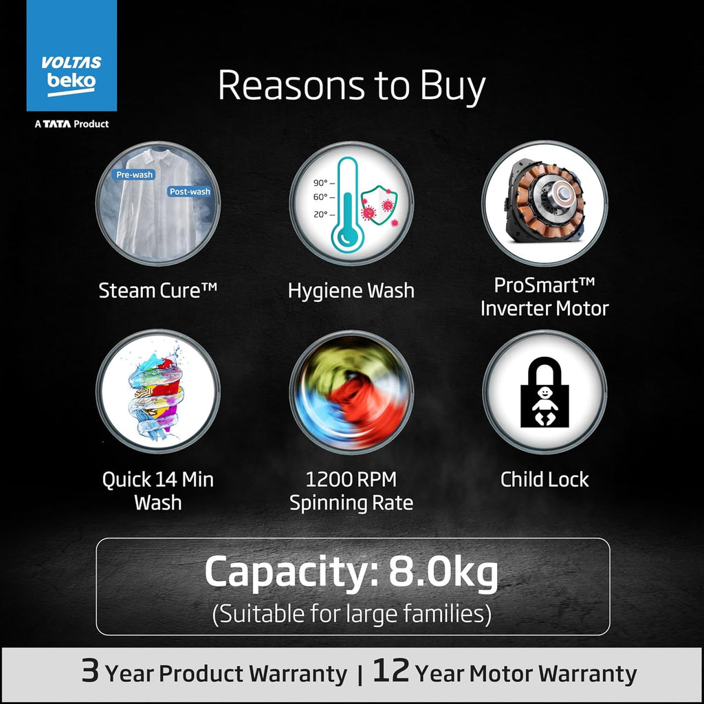 Voltas Beko, A Tata Product 8 Kg 5 Star Inverter Quick wash Fully-Automatic Front Loading Washing Machine (WFL8012B7JVBKA/AXV, Anthracite, In buit Heater/Hygiene steam)