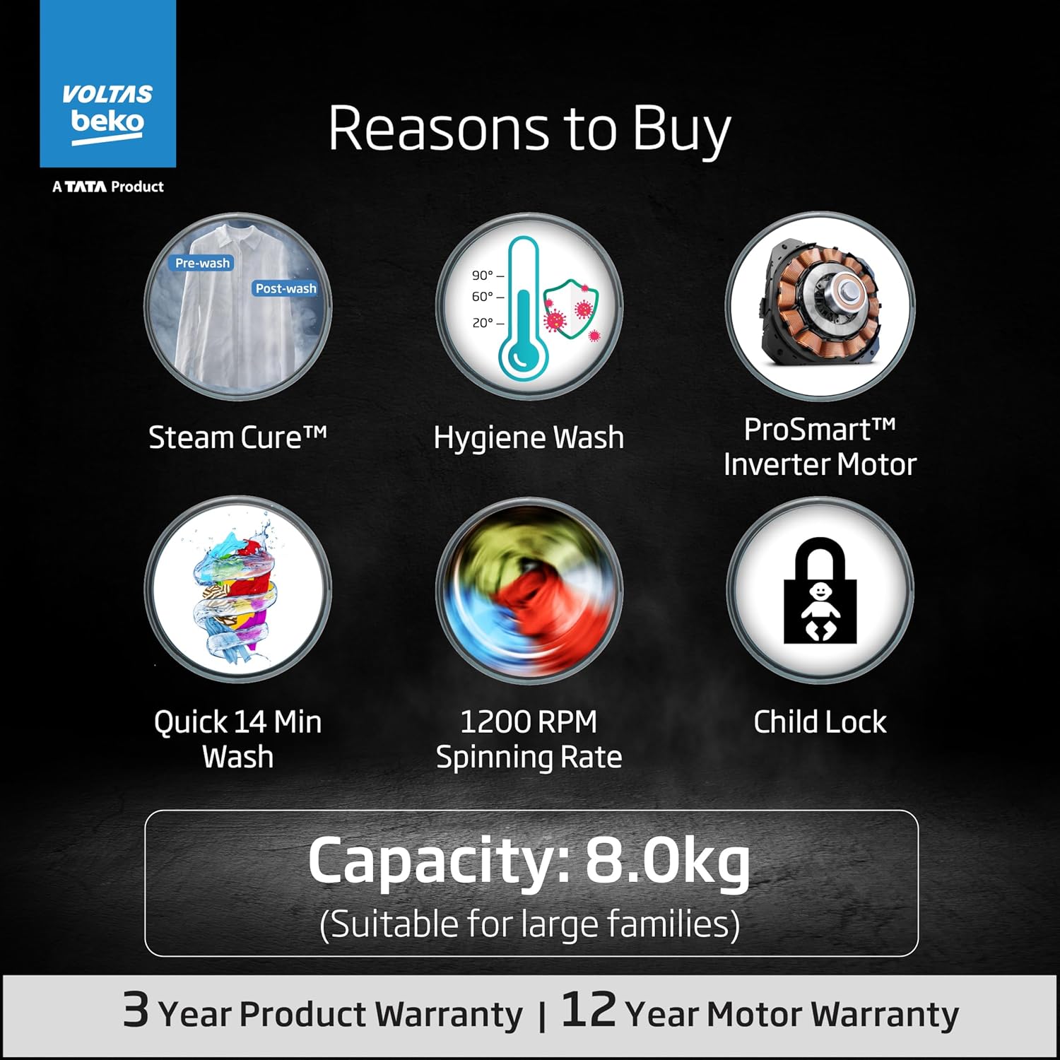 Voltas Beko, A Tata Product 8 Kg 5 Star Inverter Quick wash Fully-Automatic Front Loading Washing Machine (WFL8012B7JVBKA/AXV, Anthracite, In buit Heater/Hygiene steam)