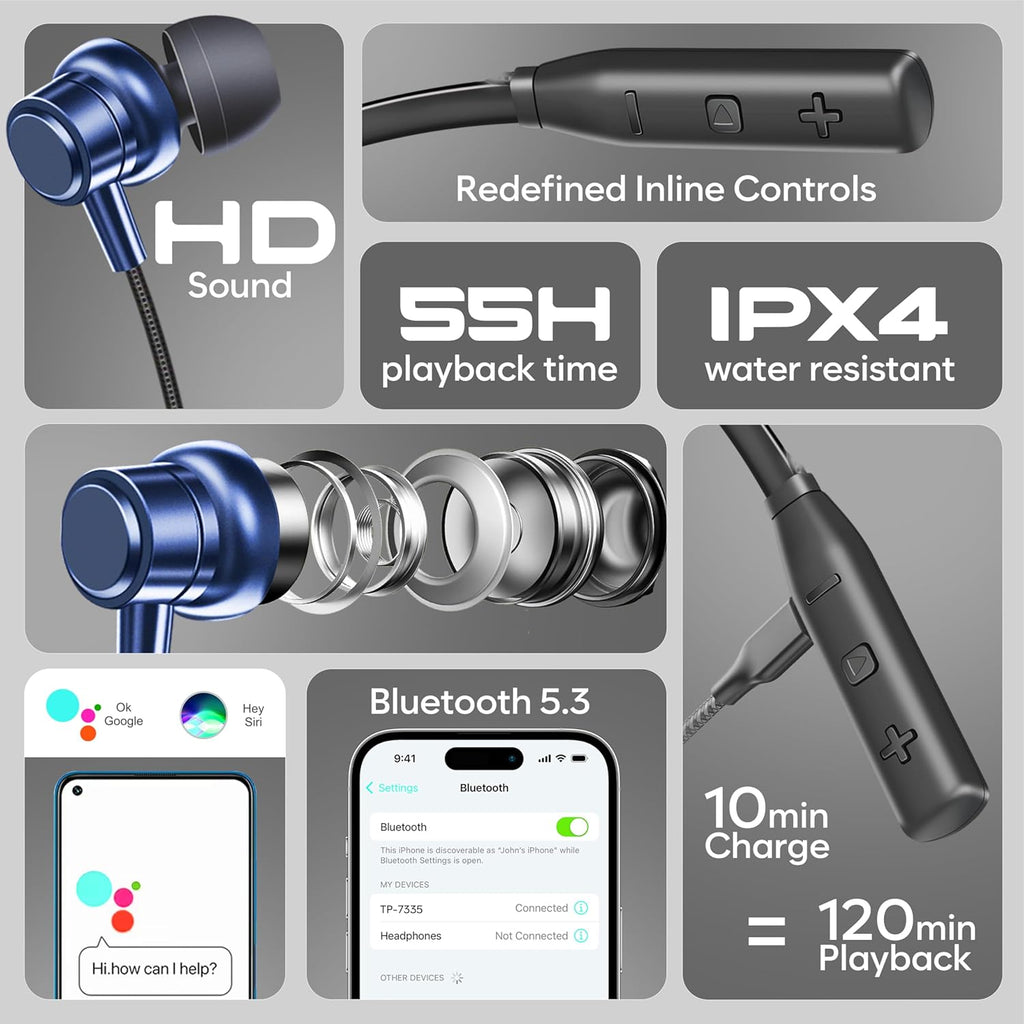 SIGNATIZE Neckband Bluetooth Headphones with 55 Hours Playtime with 10mm Drivers, Rich Music Experience, BT 5.3v, Type C Fast Charging, Neckband Earphones & IPX4 Water Resistant (Blue)