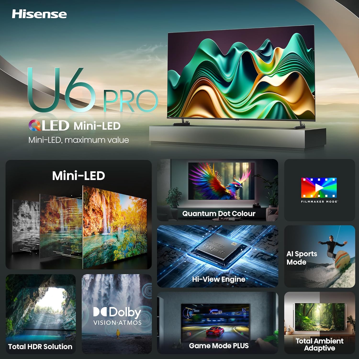 Hisense 139 cm (55 inches) U6N PRO Series 4K Ultra HD Smart QLED Mini LED TV 55U6N PRO (Black)