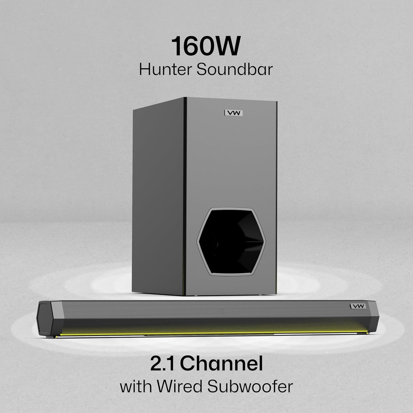 VW Hunter Bar | 160W Soundbar | 2.1 Channel Home Theatre | Deep Bass from 6.5” Subwoofer | Multiple Connectivity | 4 EQ Modes | Sleek Remote & LED Light (Black)