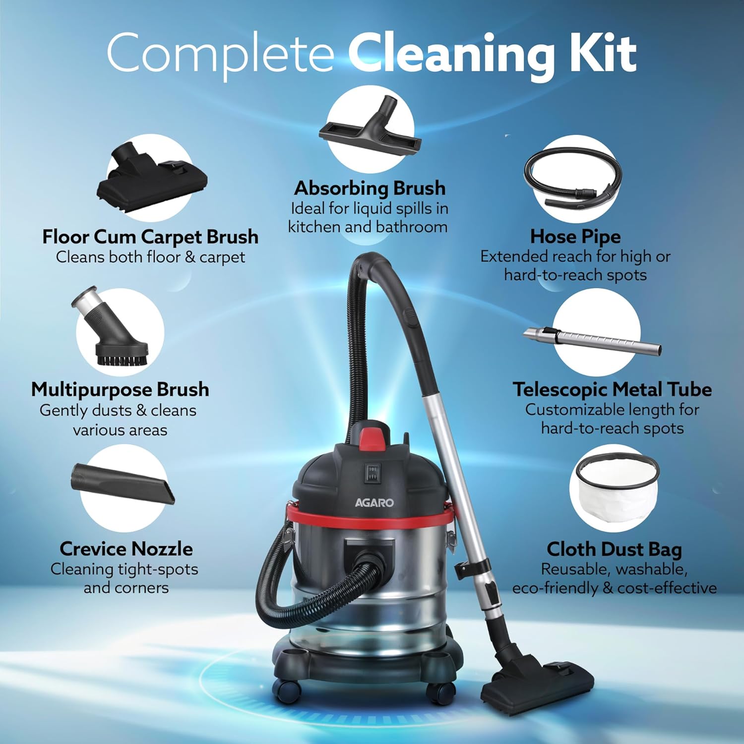 AGARO Ace Wet & Dry Vacuum Cleaner for Home, 1600 Watts, 21.5 kPa Suction Power, 21 litres Tank Capacity, for Home Use, Blower Function, Washable 3L Dust Bag, Stainless Steel Body (Black, Red, Steel)