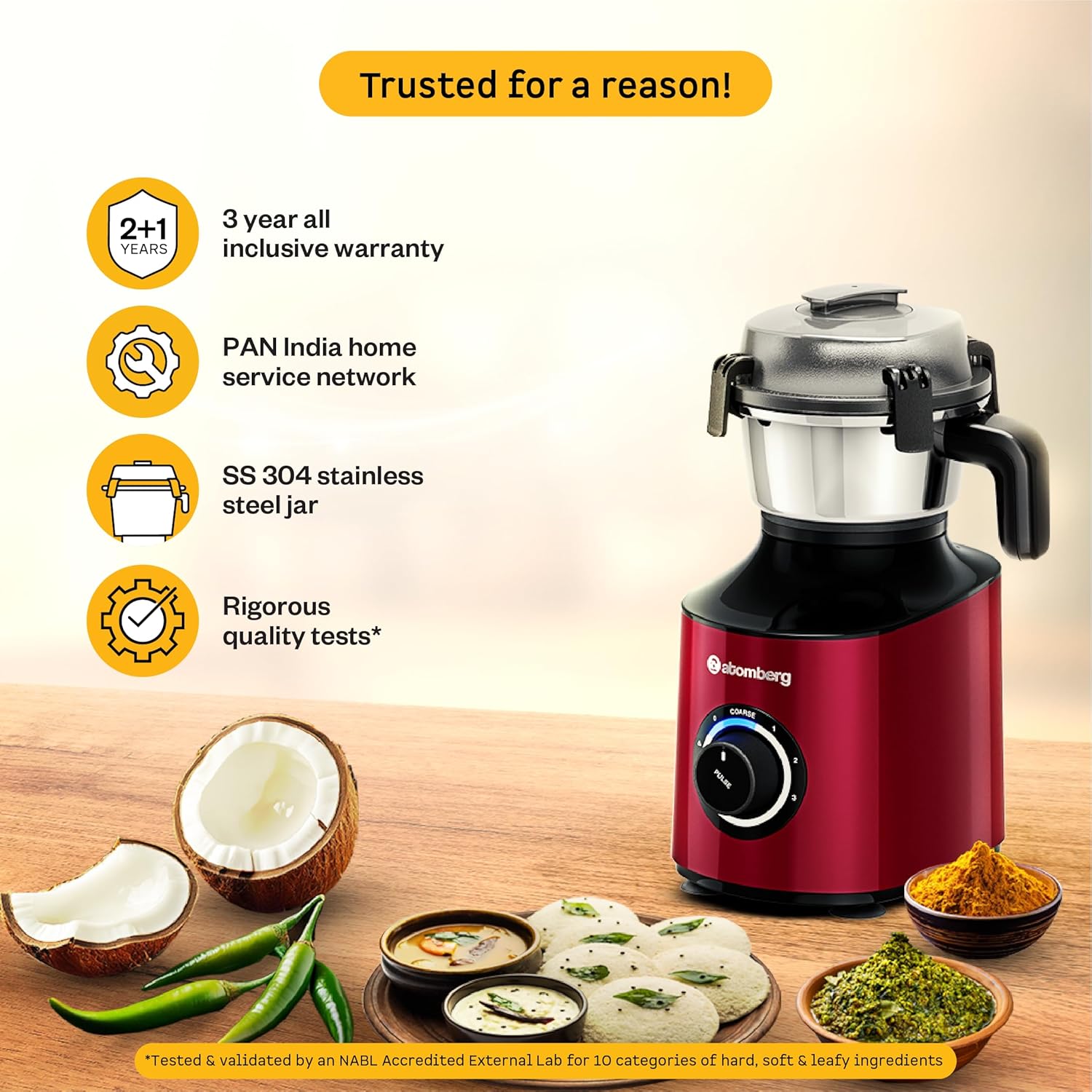 Atomberg Zenova Mixer Grinder | Unique Coarse Mode for Silbatta-like Texture | Intelligent BLDC Motor | Safety Features | 4 Jars including Chopper | Hands-Free Operation (Red Wine)