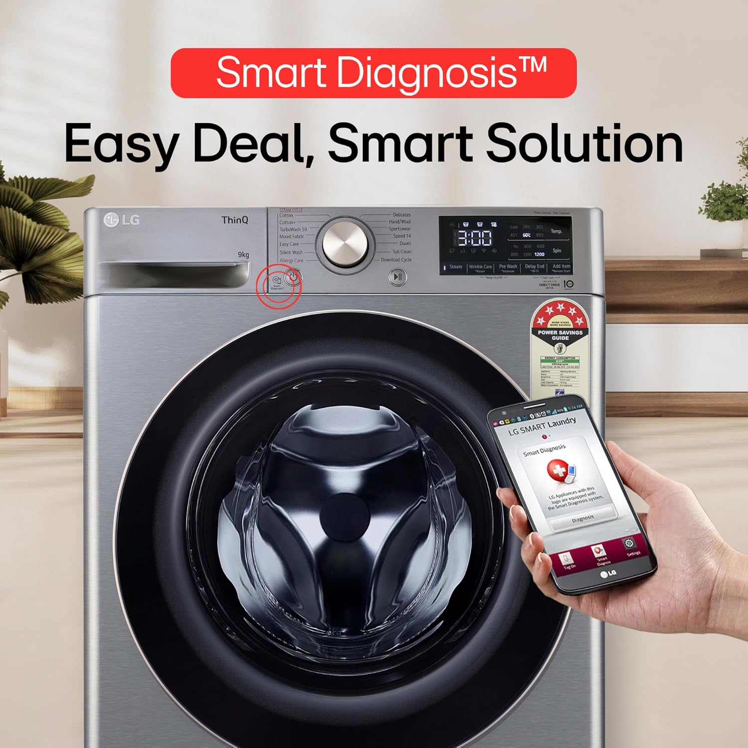 LG 9 Kg, 5 Star, AI Direct Drive Technology, Wi-Fi, Steam+ with Wrinkle Care, Fully Automatic Front-Loading Washing Machine (FHP1209Z7P, Intelligent & Convenient Fabric Care, Allergy Care, Platinum)
