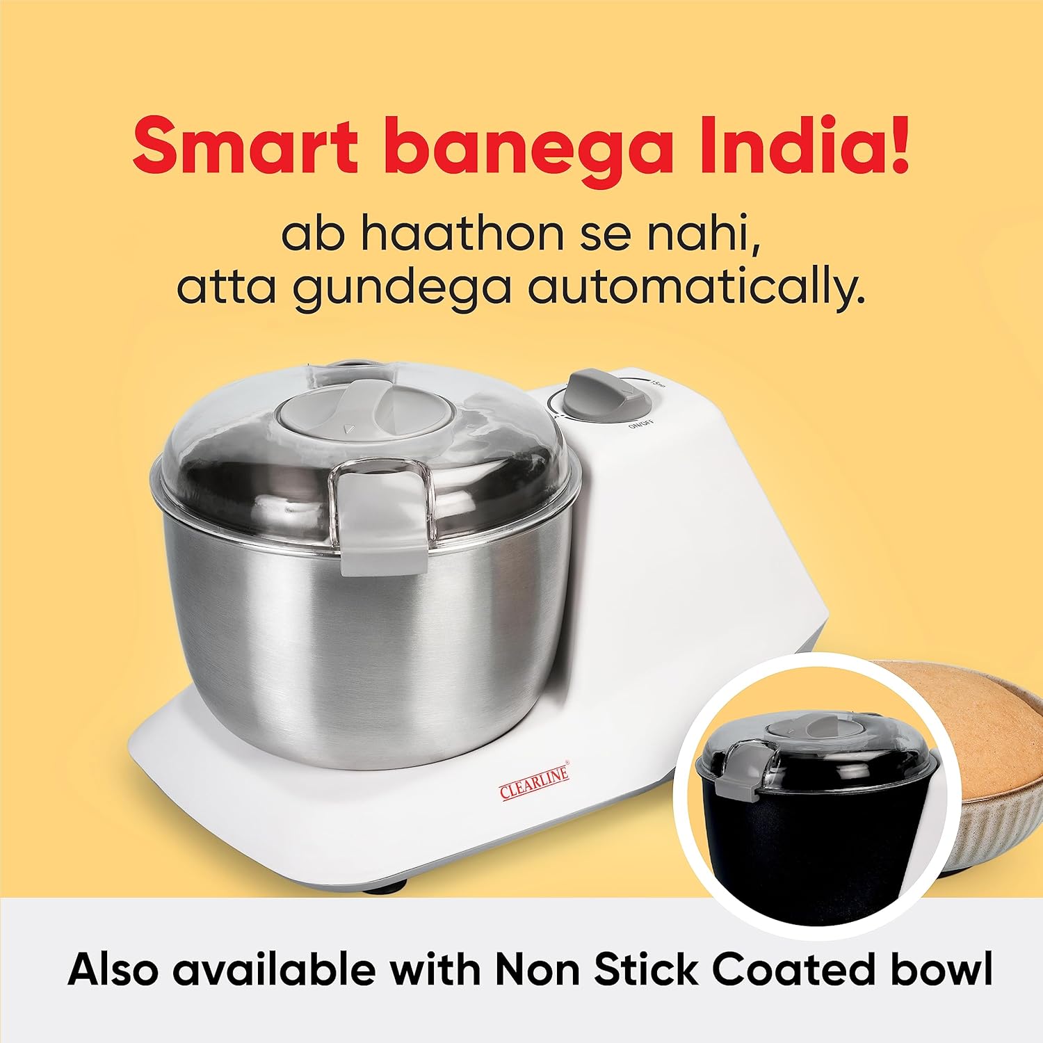 Clearline Automatic Electric Atta Kneader Dough Maker with Stainless Steel, Smart Atta Kneader Mixer and Dough Kneader Machine, Dough Mixer Machine with 650 Watts Power