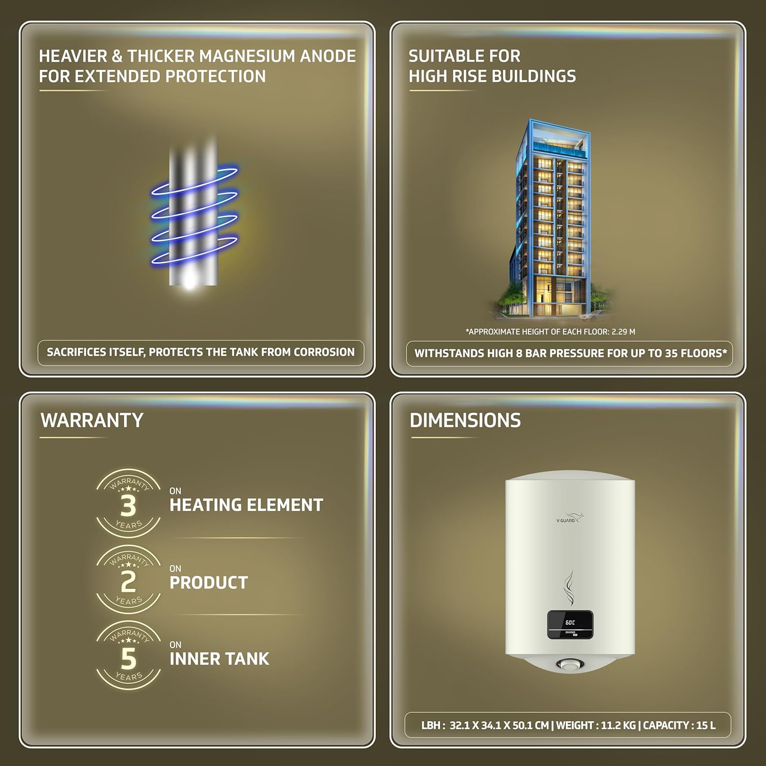 V-Guard Divino DG Geyser 15 Litre Water Heater with Digital Display | Suitable for Hard Water | Energy Efficient 5 Star Rating | Advanced 4 layered Safety | 5 Year Inner Tank Warranty by V-Guard