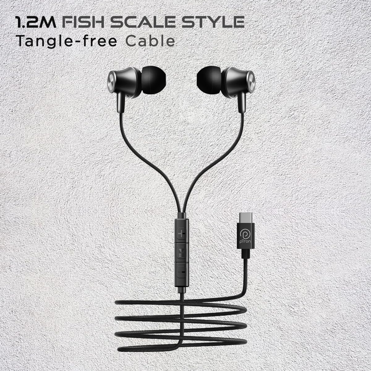 pTron Boom Play in Ear Type C Wired Headphones with Mic, 10Mm Drivers for Immersive Audio, 1.2M Fish Scale Style Tangle-Free Cable, in-Line Controls, Metal Buds, Snug-Fit & Wide Compatibility (Black)