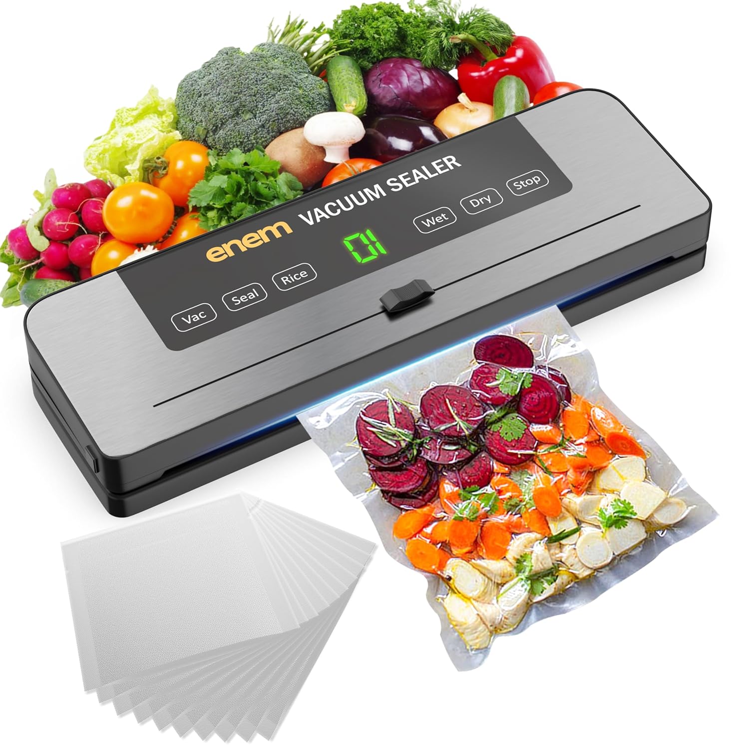 ENEM Vacuum Sealer Machine for Packing with Cutter, Sealing Machine for Food Packets, Automatic Dry & Wet Air Packet Sealer Machine,1 Year Warranty from enem, With Free 10 Vacuum Pouches
