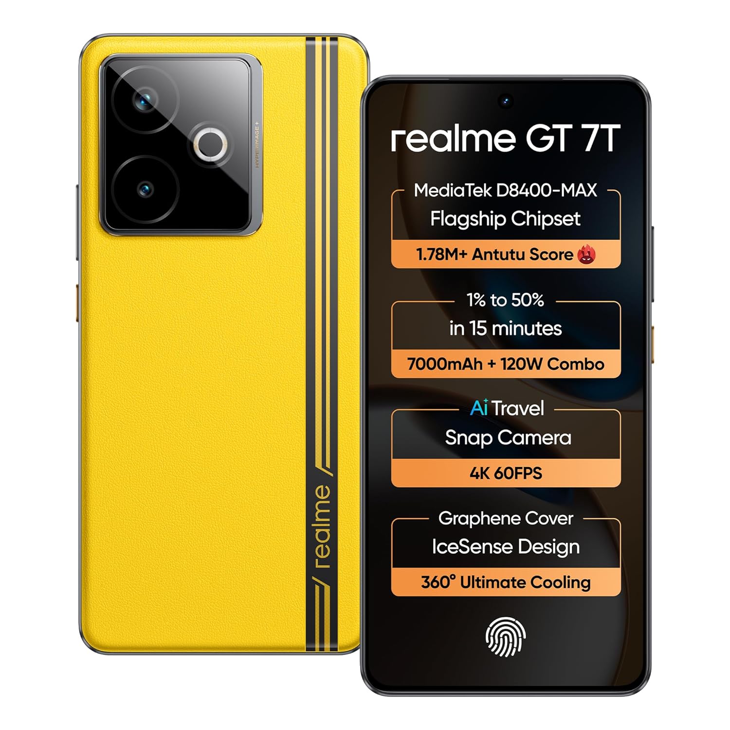 realme GT 7T (Racing Yellow,8GB+256GB) | MediaTek D8400 MAX | Strongest Battery Combo 7000mAh + 120W | AI 4K 60FPS Travel Camera | 360° Cooling IceSense Design with Graphene | 6000 nits Display