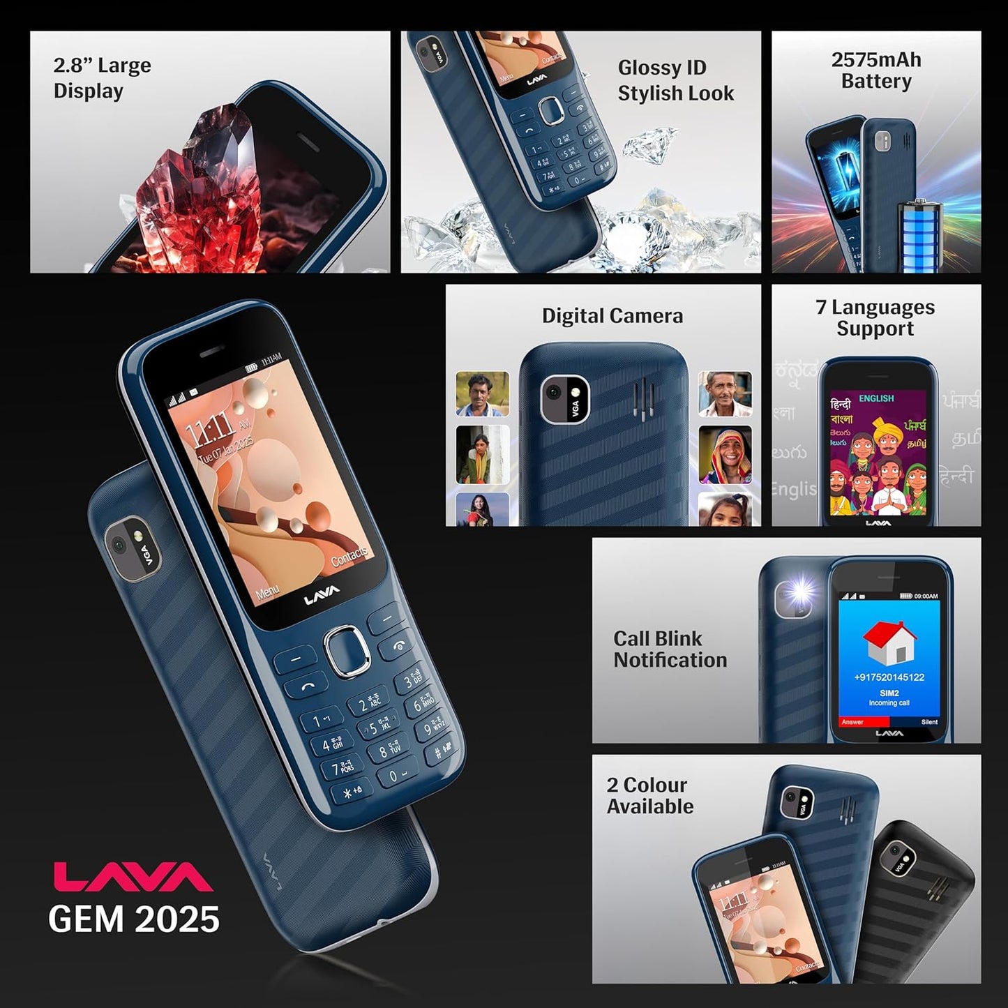Lava Gem 2025 Dual Sim Keypad Phone (2.8" Display, Camera & Flash) | 2575mAh Smart AI Powerful Battery | Wireless FM & Recording | Stereo Speakers | Call Recording (Blue Chrome)