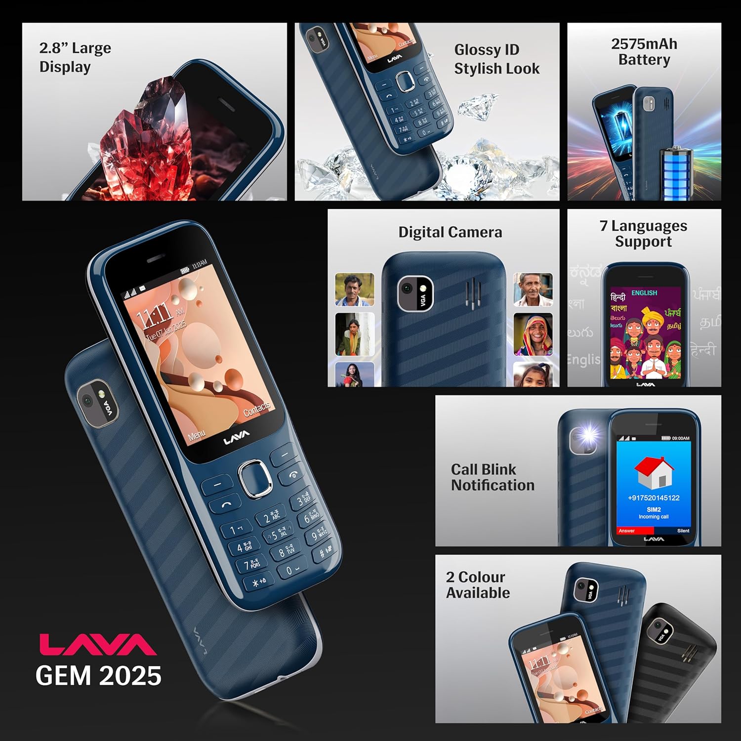 Lava Gem 2025 Dual Sim Keypad Phone (2.8" Display, Camera & Flash) | 2575mAh Smart AI Powerful Battery | Wireless FM & Recording | Stereo Speakers | Call Recording (Blue Chrome)