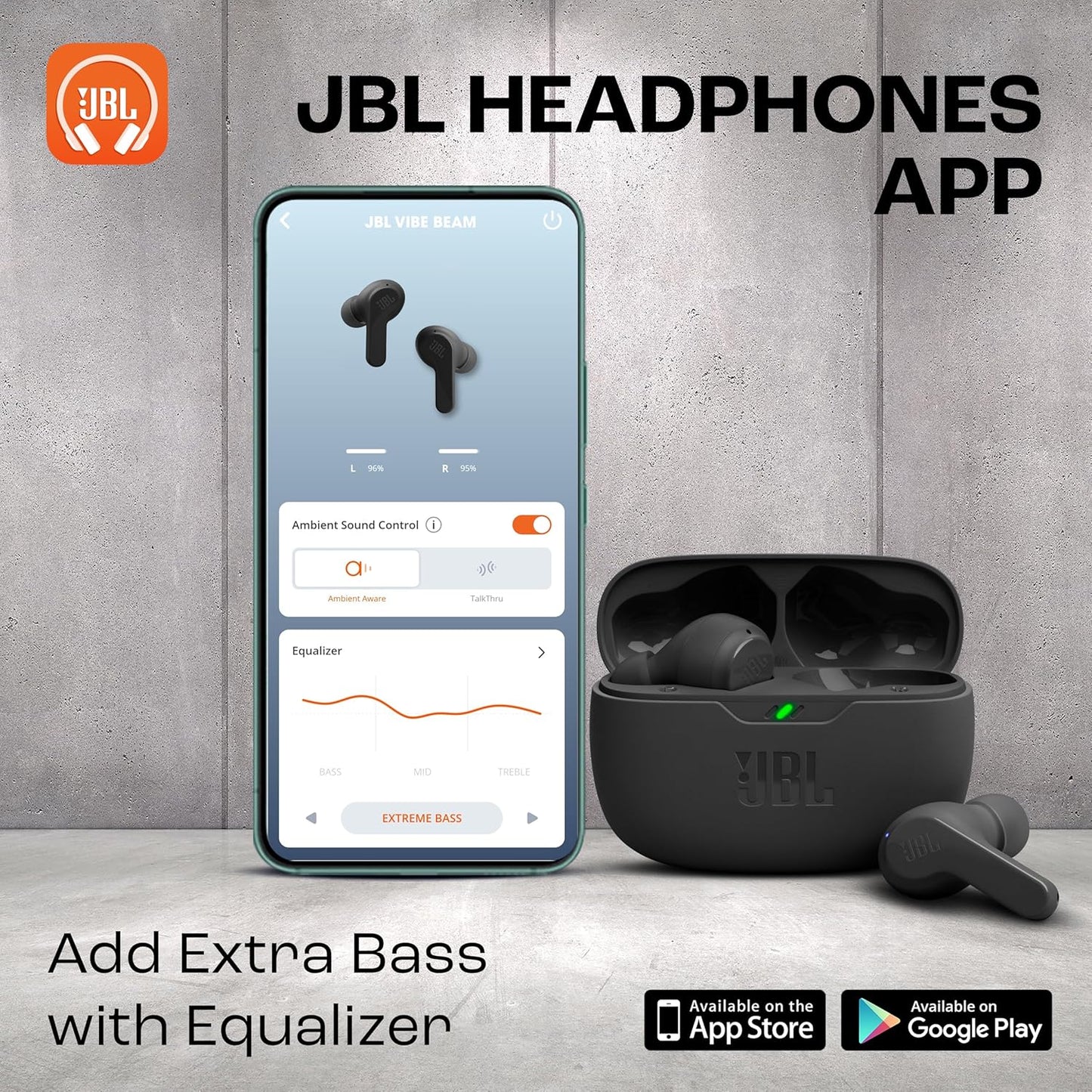 JBL Vibe Beam in-Ear Wireless Earbuds (TWS) with Mic,App for Customized Extra Bass Eq,32 Hours Battery&Quick Charge,Ip54 Water&Dust Resistance,Ambient Aware&Talk-Thru,Google Fastpair (Black)