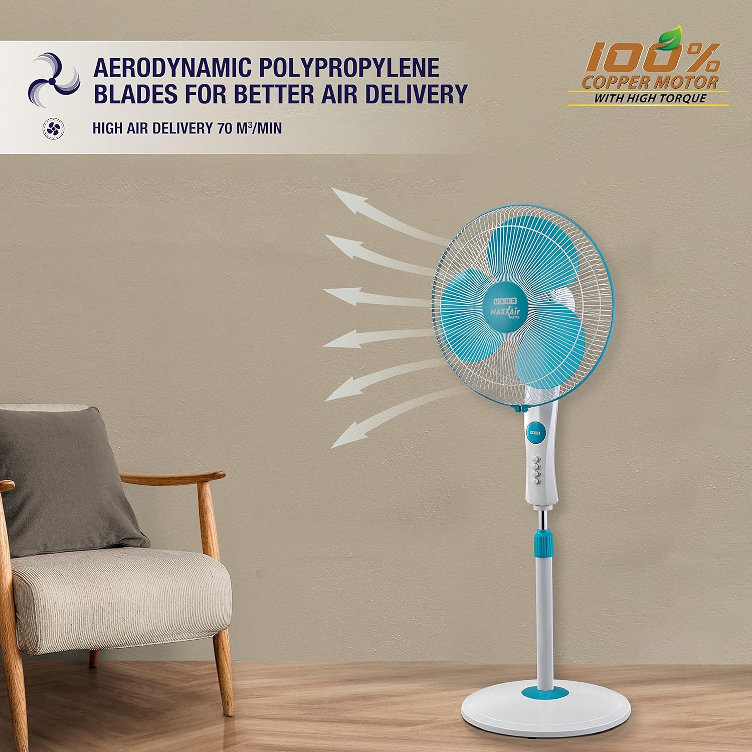 USHA Maxx Air Ultra Pedestal Fan | 400MM Sweep Size | 1350 RPM | Aerodynamic Blade Design for High Air Delivery | Anti - Rust Protection | Copper Motor | Light Blue