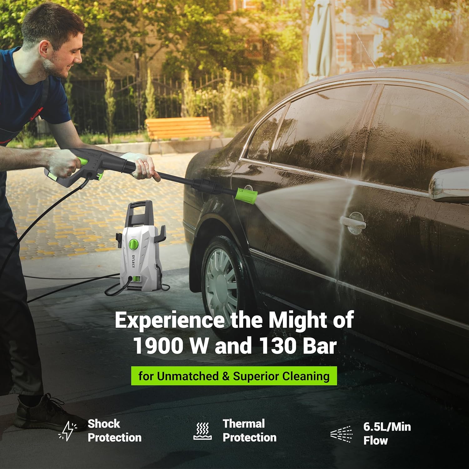 DYLECT Ultra Flow Plus High Pressure Car Washer Pump, 1900 Watts Power Motor, 130 Bars Pressure, 6.5L/Min Flow Rate, 5m Outlet Hose, Upright Design for Bike, Home Cleaning, Includes 11 Accessories