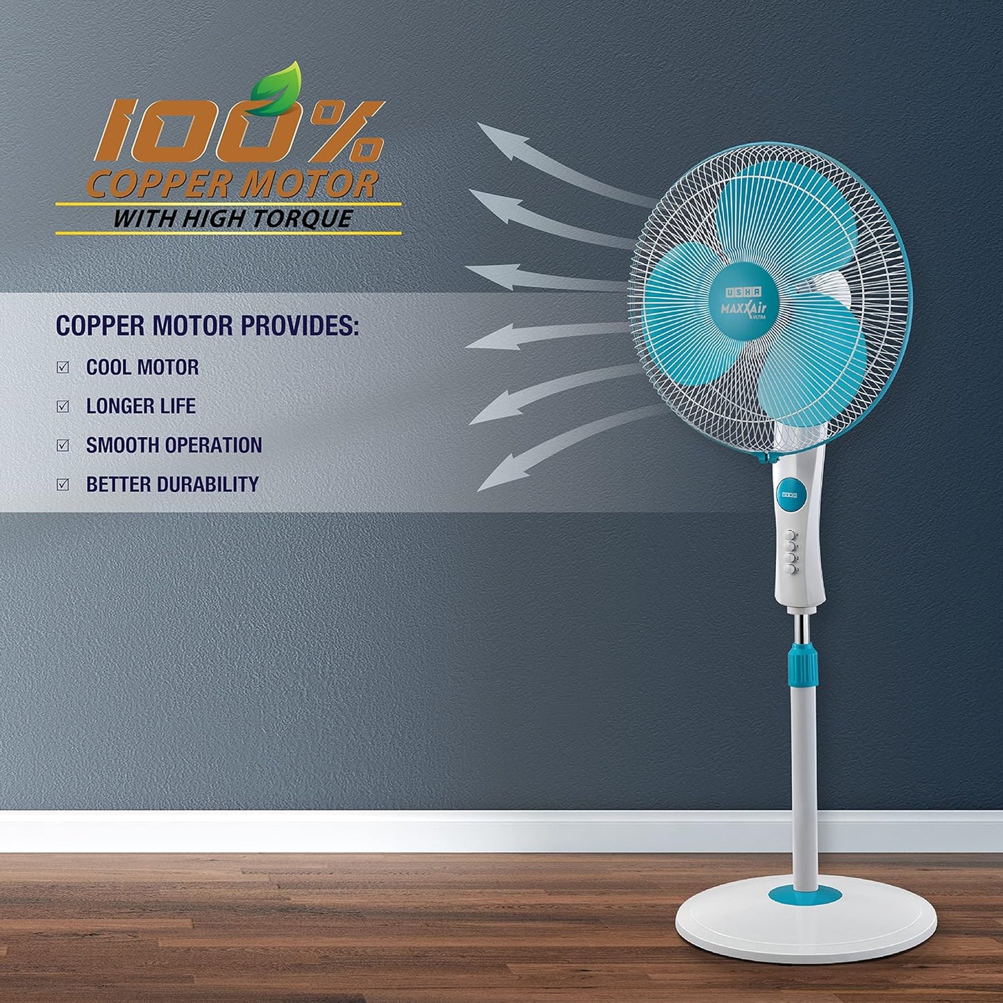 USHA Maxx Air Ultra Pedestal Fan | 400MM Sweep Size | 1350 RPM | Aerodynamic Blade Design for High Air Delivery | Anti - Rust Protection | Copper Motor | Light Blue