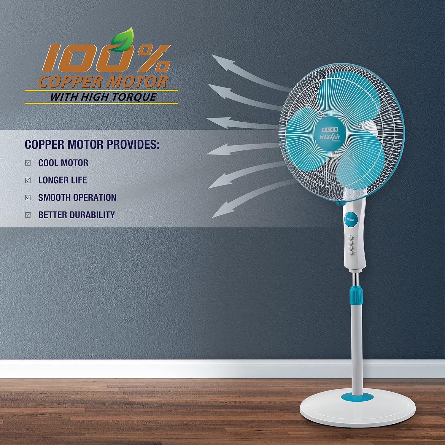 USHA Maxx Air Ultra Pedestal Fan | 400MM Sweep Size | 1350 RPM | Aerodynamic Blade Design for High Air Delivery | Anti - Rust Protection | Copper Motor | Light Blue