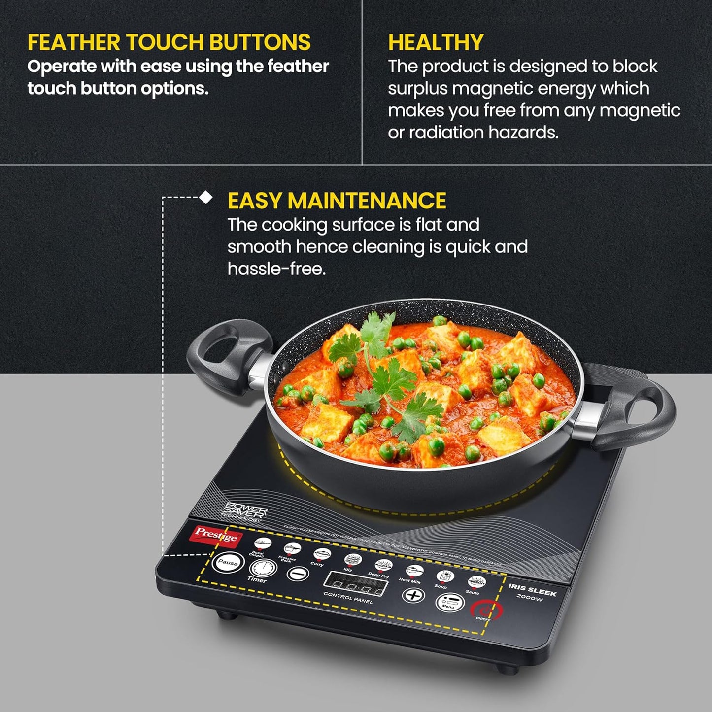 Prestige 2000 Watts IRIS Sleek Induction Cooktop| High Voltage Surge Protection| Indian Menu Options| Automatic Voltage Regulator| Feather Touch Button| Black