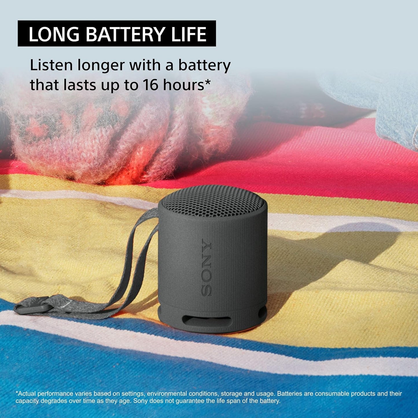 Sony SRS-XB100 Wireless Bluetooth Portable Lightweight Super-Compact Travel Speaker, Extra-Durable IP67 Waterproof & Dustproof, 16 Hrs Batt, Versatile Strap, Extra Bass & Hands-Free Calling-Black