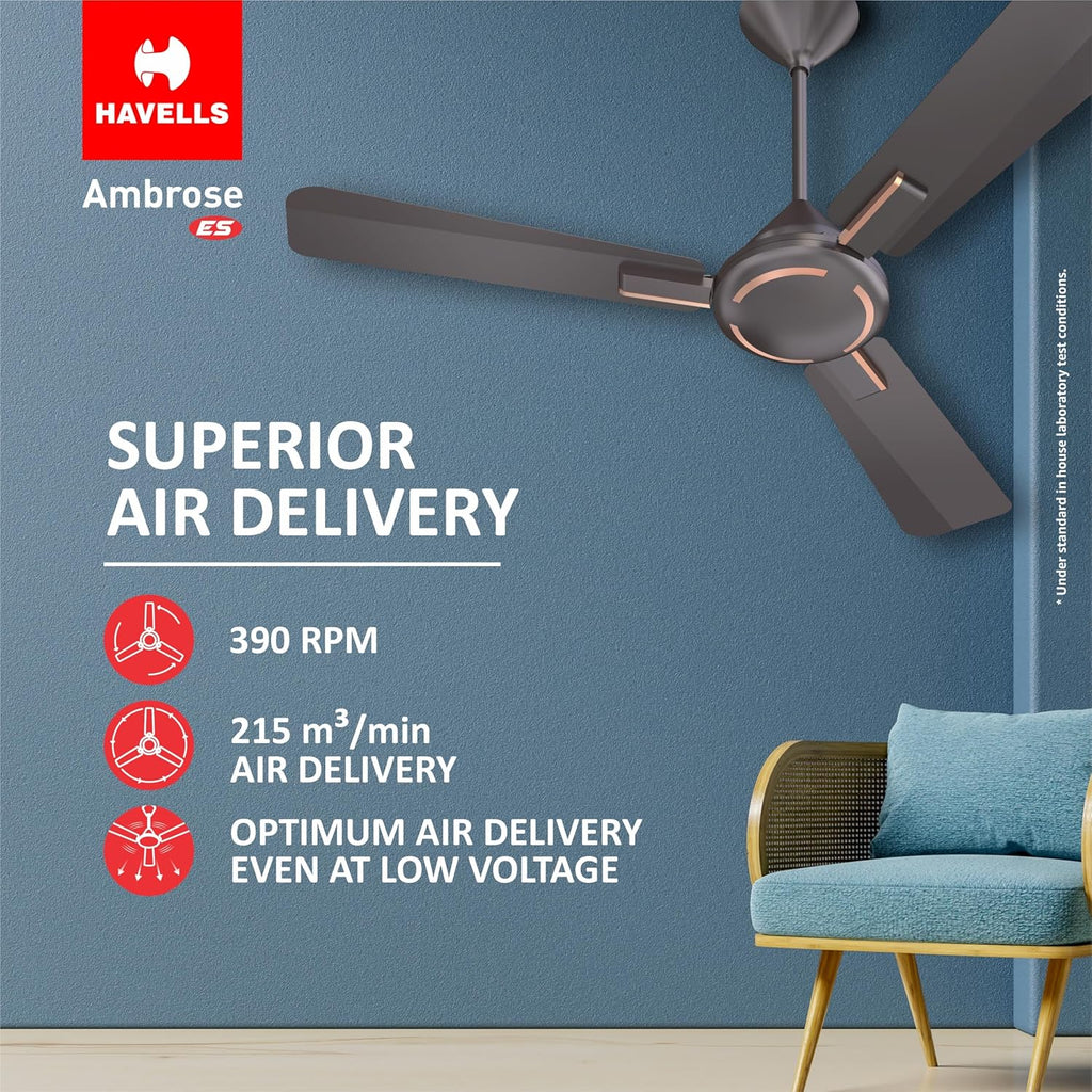 Havells 1200Mm Ambrose Es Ceiling Fan|Premium Matt Finish,Decorative Fan,Elegant Looks,High Air Delivery,Energy Saving,100% Pure Copper Motor|2 Year Warranty By Brand|3.8 stars,(Pack Of 1,Copper)