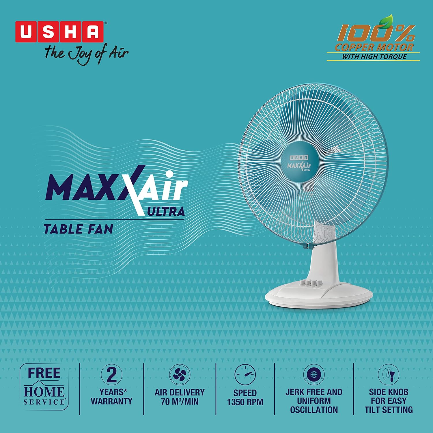 USHA Maxx Air Ultra Table Fan | 400MM Sweep Size | 1350_RPM | Aerodynamic Blade Design for High Air Delivery | Corrosion Protection with Plastic Blades | 3 Speed Settings | Light Blue