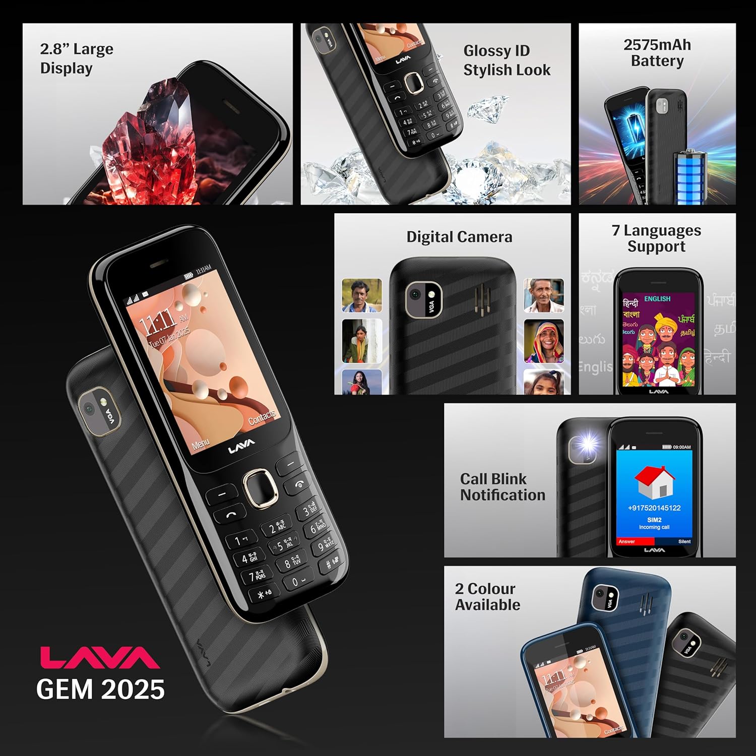 Lava Gem 2025 Dual Sim Keypad Phone (2.8" Display, Camera & Flash) | 2575mAh Smart AI Powerful Battery | Wireless FM & Recording | Stereo Speakers | Call Recording (Black Gold)